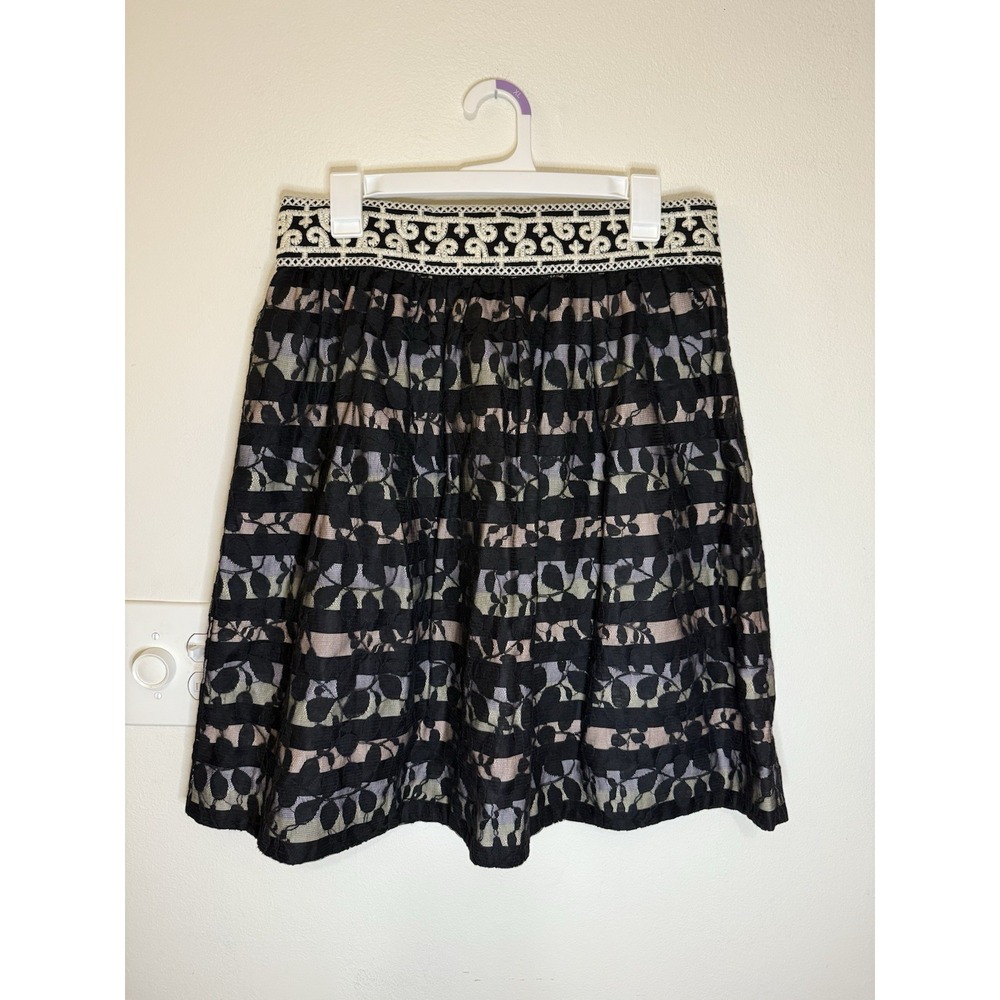 Anthropologie Floreat Charente Striped Lace A-Line Skirt Black Overlay Size 10